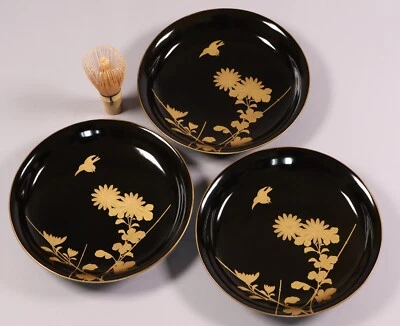 Juego de 3 platos de madera de laca japonesa 8,27 pulgadas oro pájaro ceremonia del té era Meiji Foto 1 de 4