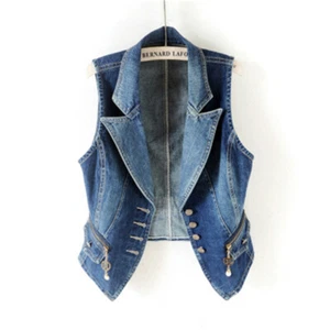 Fade Fitted Lapel Sleeveless Jacket Tops Women Denim Waistcoat Gilet Vest Jeans - Picture 1 of 4