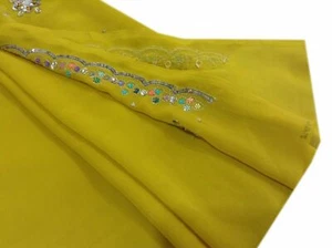 VINTAGE MULTIPURPOSE GEORGETTE YELLOW BEADED CRAFT SEWING FABRIC PIECE ,B-87 - Picture 1 of 9