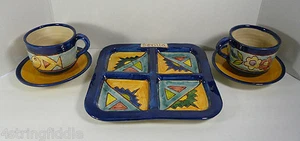 Sevilla Art Pottery 4 Sectional Platter, 2 Cups & Saucers Embossed - Spain - Picture 1 of 8
