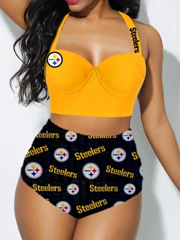 Pittsburgh Steelers Women's Bikini Set 2 Piece Beach Halter High Waist Swimwear Cover