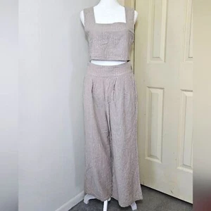 Conjunto de pantalones y top a juego Kourt mezcla de lino tostado a rayas mediano - Imagen 1 de 11