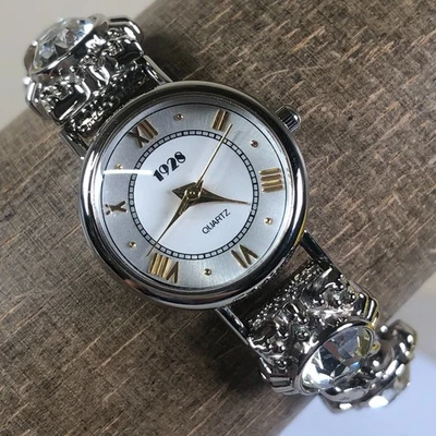 1928 Women Luxury Big Crystals Silver Tone Bracelet Quartz 22mm Watch 6 1/4" - Image 1 of 4