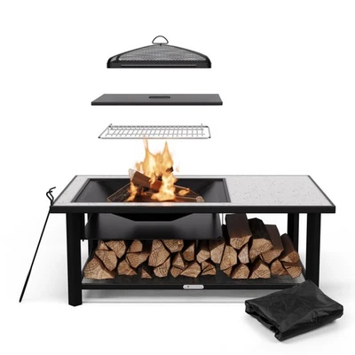 BLUMFELDT Feuerschale Grill 122 cm 3-in-1 Feuerstelle Terrasse Feuerkorb Funkenschutz Grau