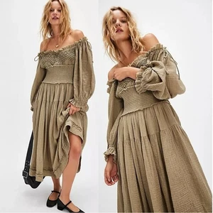 Maxi Vestido Free People Bohemio Bruja Gitana Gasa Oliva Renacimiento Mediano  - Imagen 1 de 13