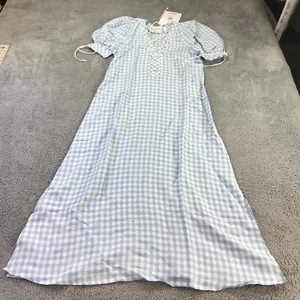 Sleeper Dress Womens Small Gingham Blue White Linen Smocked Puff Sleeve Ladies - Picture 1 of 11