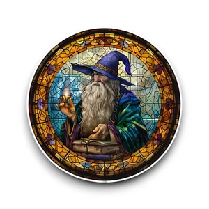 LARGE Magical Wizard Stained Glass Window Design Opaque Vinyl Sticker Decal - Picture 1 of 1