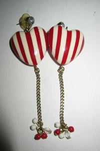 BETSEY JOHNSON RARE VINTAGE RED AND WHITE STRIPED HEART DANGLE EARRINGS - Picture 1 of 2
