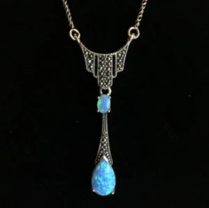Sterling Silver Art Deco style Blue Opal Marcasite Teardrop Pear drop Necklace - Picture 1 of 1