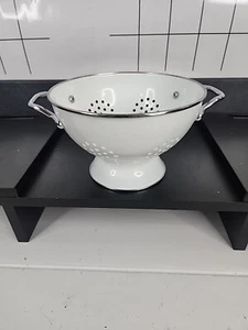 Retro 8 Inch White Silver Porcelain Enamel Footed Strainer Colander Pedestal - Picture 1 of 9