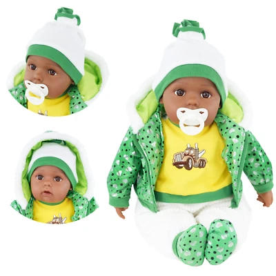 20” Baby Doll Boy Ethnic Black Soft Body Toy with Sounds & Dummy BiBi Doll Green - Image 1 of 4