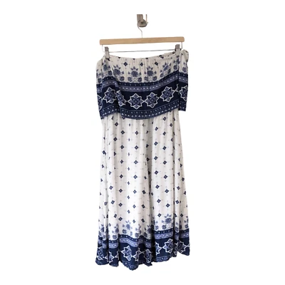 Somedays Lovin Size Medium Morning Tides Cropped Jumpsuit White Blue Strapless - Image 1 of 4