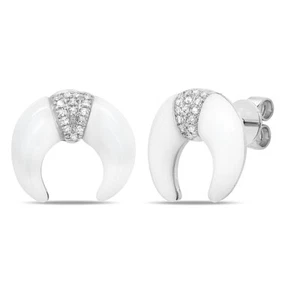 14K Bianco Oro Onice Diamante Crescent Luna Orecchini a Lobo Naturale 1.90 TCW - Foto 1 di 2
