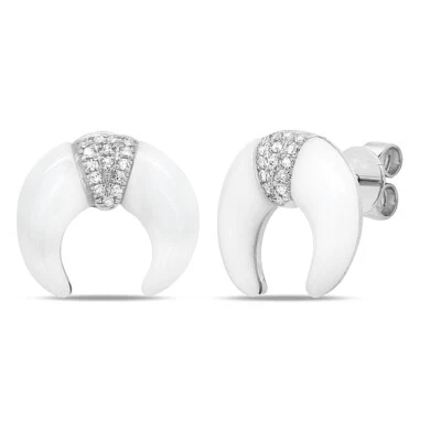 14K White Gold White Onyx Diamond Crescent Moon Stud Earrings Natural 1.90 TCW - Image 1 of 2