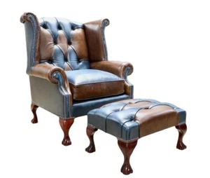 Patchwork Real Leather Armchair High Back Chesterfield XL Queen Anne Blue/Tan - Picture 1 of 3