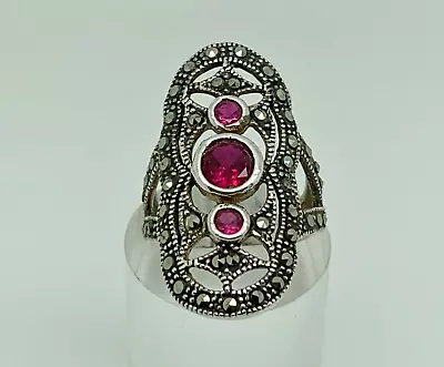 Sterling Silver Lab Created Ruby & Marcasite Deco Style Cocktail Ring Size L 1/2 - Image 1 of 4