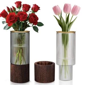 Ribbed Glass Vase Set of 2 Vases for Flowers,10" H Wood Glass Vase with Solid... - Picture 1 of 7