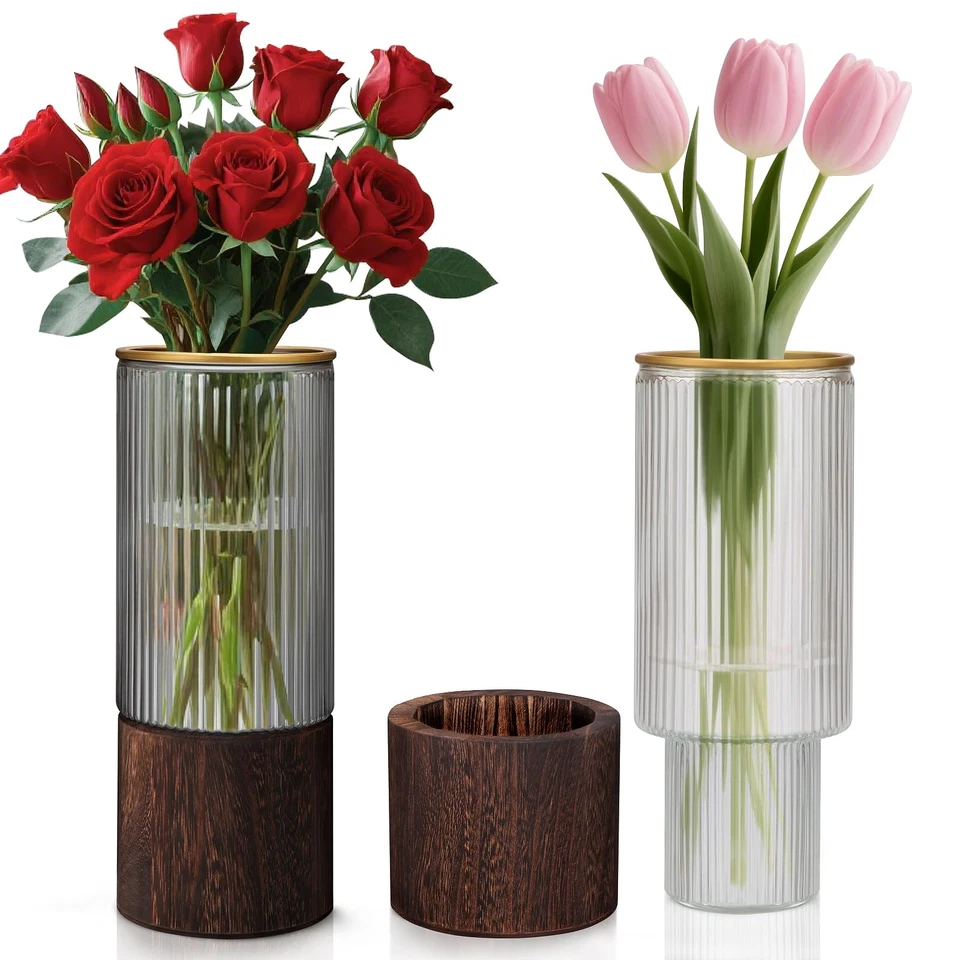 Ribbed Glass Vase Set of 2 Vases for Flowers,10" H Wood Glass Vase with Solid... - Image 1 of 4