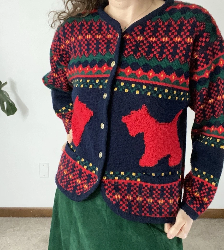 VINTAGE TALLY HO Scottish Terrier Dog Christmas Cardigan Medium Granny Retro - Image 1 of 4