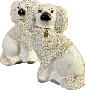 ANTIQUE STAFFORDSHIRE POODLES Spaniel CONFETTI DOGS 2 Statues AUTHENTIC 5” - Picture 1 of 24
