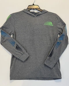 Boys Adidas Gray Long Sleeve Hooded Shirt W/ Green Logo Print & Graphics Large - Picture 1 of 4