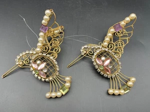 Set 2 Addobbi Albero di Natale Colibrì Filo Oro Strass Perle - Foto 1 di 3