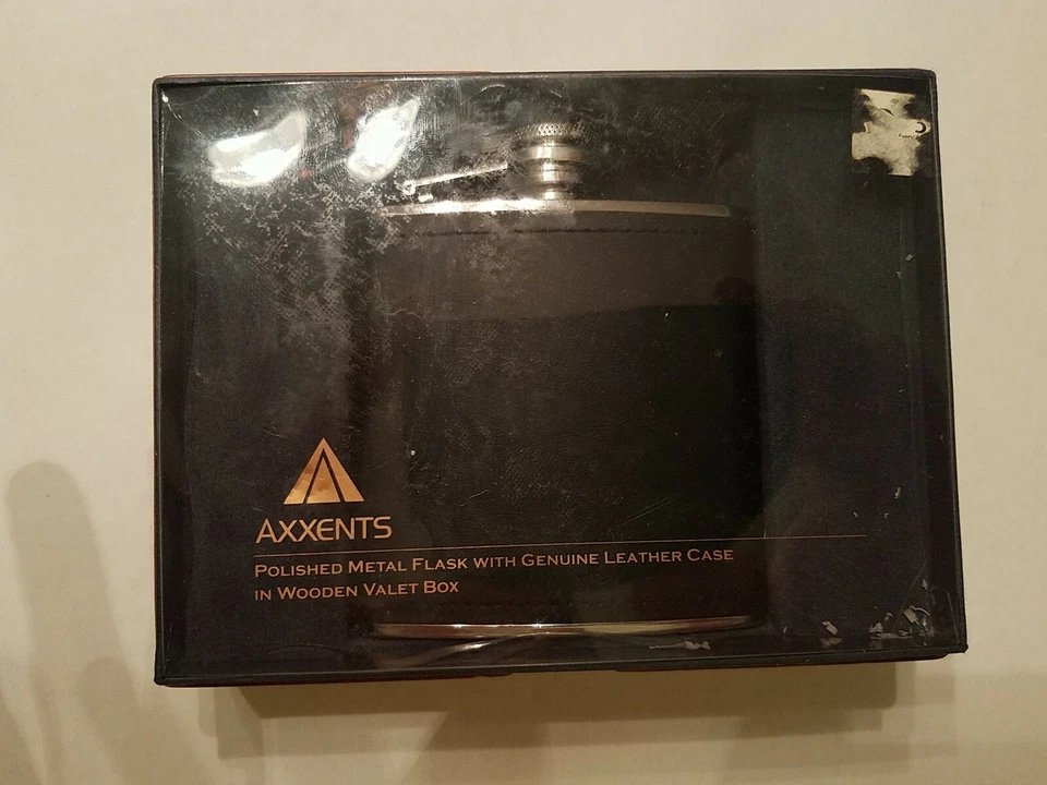 Axxents Metal Flask With Genuine Leather Case In Wooden Valet Box. Brand New! - Image 1 of 4