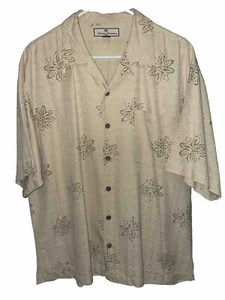 Tommy Bahama 100% Silk Large Button Down Short Sleeve Tan Shirt Hawaiian Beach - Picture 1 of 6