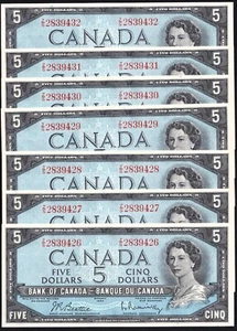 Canada 1954 $5 Five Dollar x7 UNC Consecutive Banknotes Beattie - Rasminsky - Picture 1 of 2
