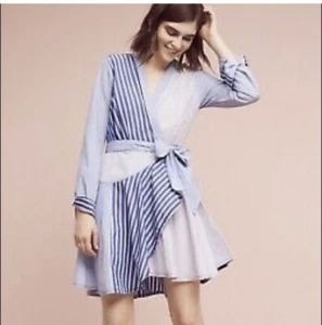 Maeve Anthropologie Mini Dress Sz 6 Blue/white Striped Long Sleeve V-Neck NWT - Picture 1 of 15