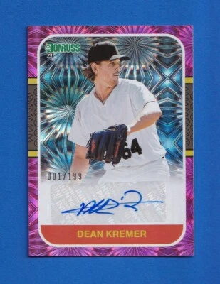 2021 Donruss Retro '87 Pink Fireworks Dean Kremer Auto #1/199 #87S-DK RC Orioles - Image 1 of 2