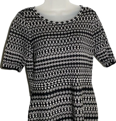 Dressbarn Sweater Dress Heavy Knit PL Black Cream Geometric Print Flounce Office - Image 1 of 4