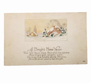 Un brillante poema de año nuevo iglesia rústica casa de campo nieve 1910 postal usada - Imagen 1 de 8