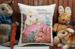 SWEET VINTAGE PRIMITIVE STYLE RABBIT BUNNY EGG EASTER GREETINGS POST CARD PILLOW - Picture 1 of 10