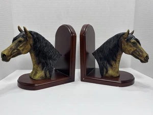 Vintage Horse Head Bookends Set Resin on Wood Base Equestrian Decor 8” Pair - Picture 1 of 11