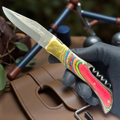 Vintage Laquiole Pocket Knife Blade Wood Handle Sheath Leather Men's Corkscrew - Image 1 of 4