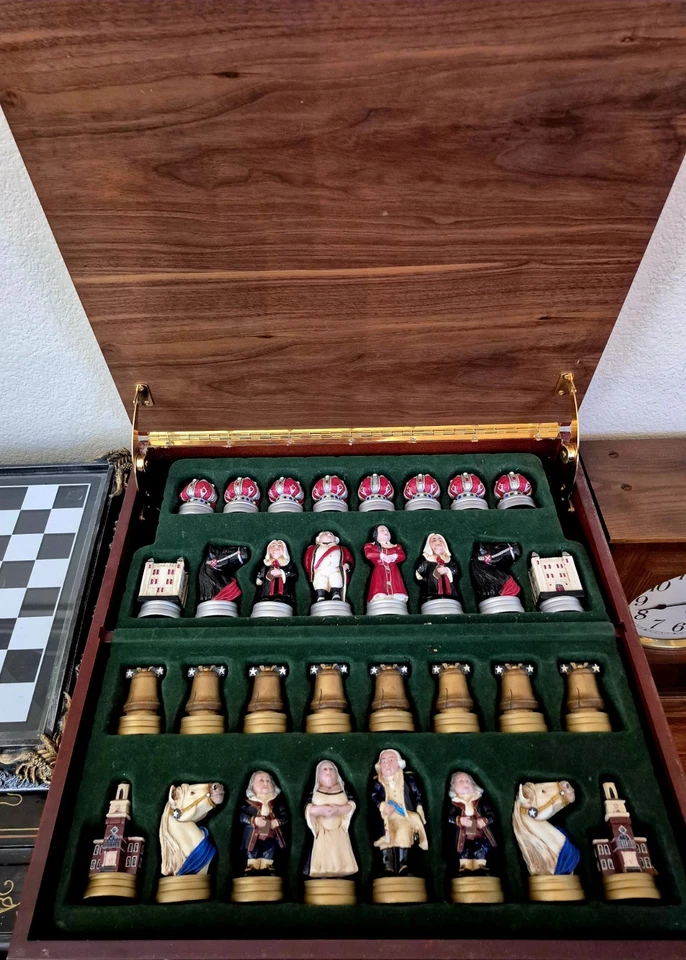 American Revolution War Chess Set 4.75" King 21" Walnut Wood Storage Board Rare! - Image 1 of 4