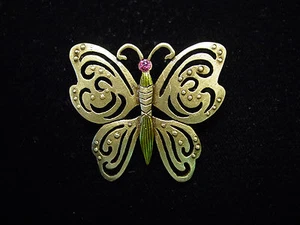 "JJ" Jonette Jewelry Bronze Pewter Green & Pink BUTTERFLY Pin - Picture 1 of 1