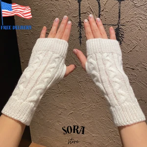1 Pair Ladies' Warm Knitted Fingerless Gloves - Cozy Winter Accessory - Picture 1 of 5