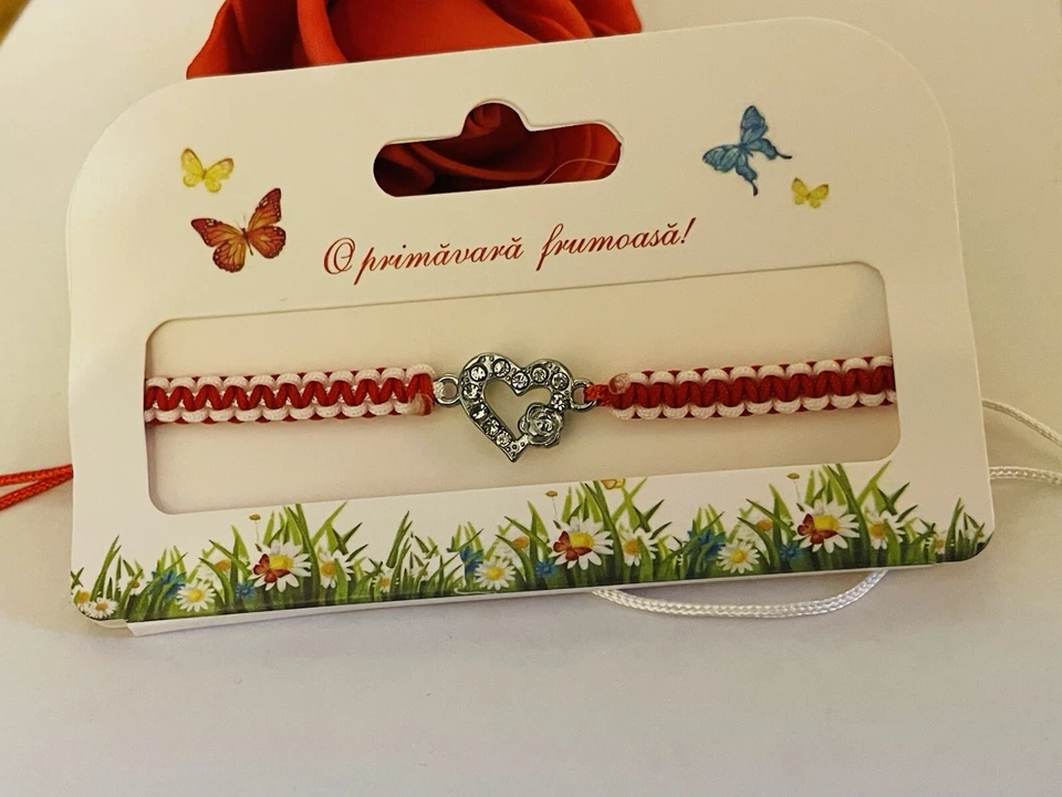 Pulsera Corazón Tibetano Plata Rojo y Blanco Hecha a Mano Martisor Martie❤ Foto 1 de 1