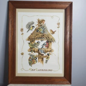 Large VTG Wood Framed Cross Stitch Birdhouse Handmade The Gathering 19.5x25.5 - Picture 1 of 6