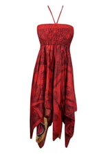 Women Sundress, Halter Dresses, Red Handmade Boho Sari Summer Beach Dresses S/M