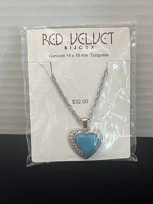 Collar Colgante Corazón Turquesa Joux Genuino Terciopelo Rojo 16 X 16 MM Tono Plateado Foto 1 de 4