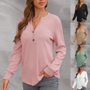 Womens V Neck Pullover Tops Ladies Long Sleeve Baggy Button Plain T Shirt Blouse - Picture 1 of 35