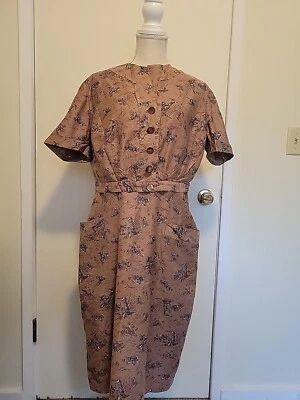 Vintage sz 44 L/XL  1950s Dress Jacket Ensemble Cotton Handmade Brown Blue - Image 1 of 4