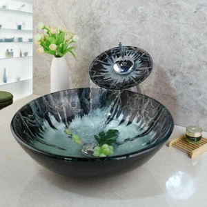 FA Art Round Bathroom Tempered Glass Vessel Sinks Basin Bowl Faucet Drain Combo - Picture 1 of 12