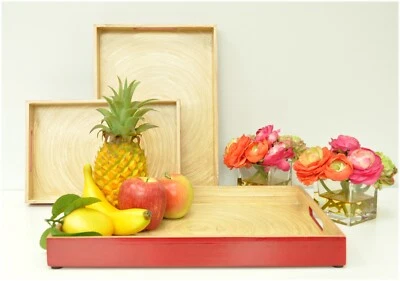 Handmade Lacquer Bamboo Rectangular Tray, Serving Decorative Tray High Gloss Red - Image 1 of 4