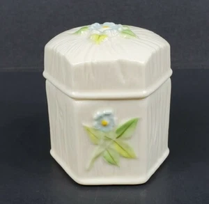 Unusual Vintage Belleek Small Lidded Jar Box Gold Mark Blue Flowers Green Leaves - Picture 1 of 12