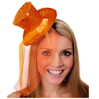 ORANGE MINI TOP HAT WITH NET GLITTER FASCINATOR FANCY DRESS ACCESSORY CHRISTMAS - Image 1 of 4