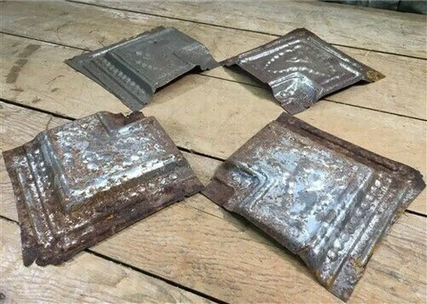 4 Ceiling Tin Corner Tiles, Architectural Salvage Reclaimed Molding Vintage B Cover